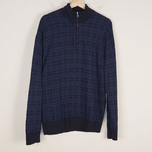 Bonobos Washable Cotton Cashmere Half Zip Blue Houndstooth Sweater Mens Sz L